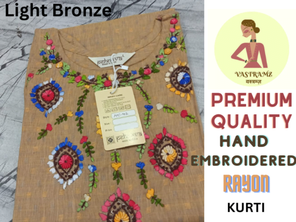 Premium Quality Hand Embroided Rayon Kurti Light Bronze